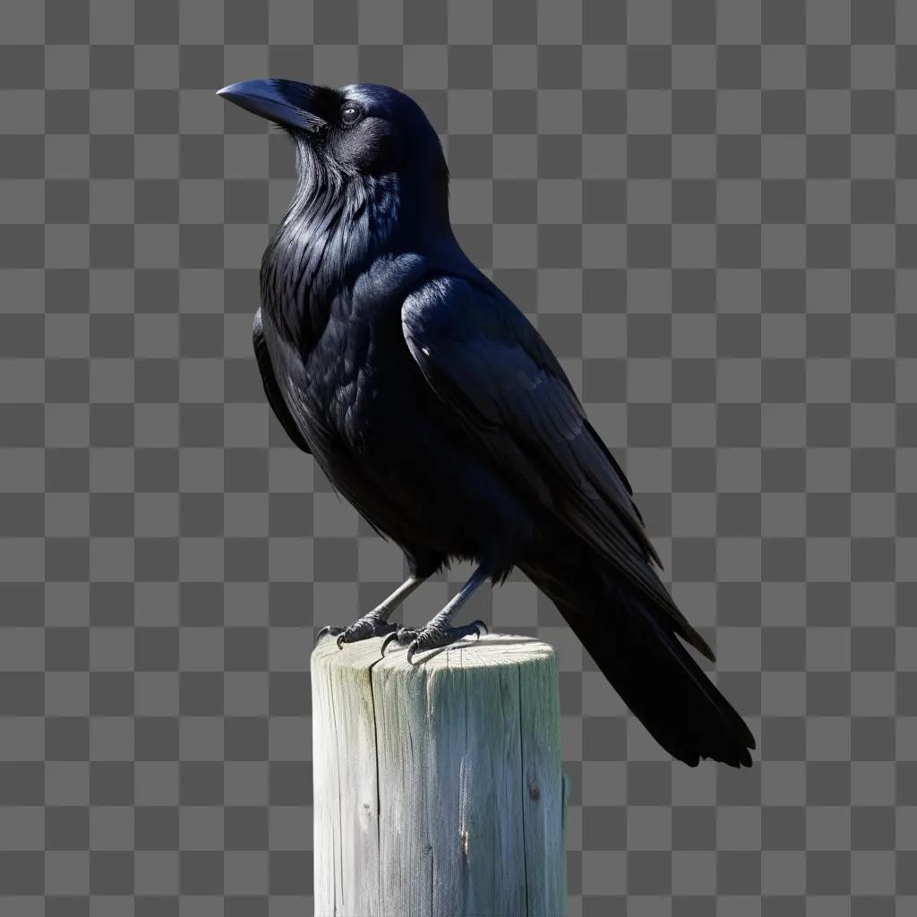 raven sits on a wooden post