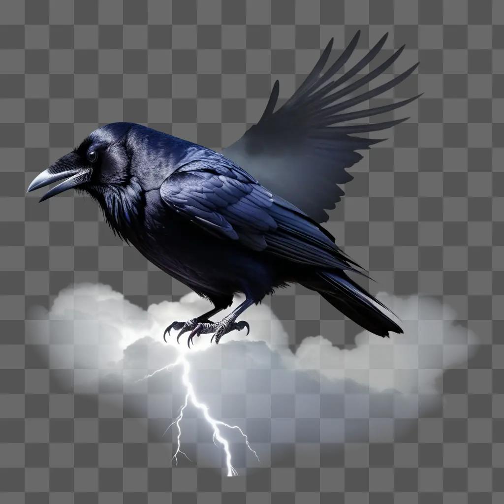 raven with its wings spread is flying in the sky