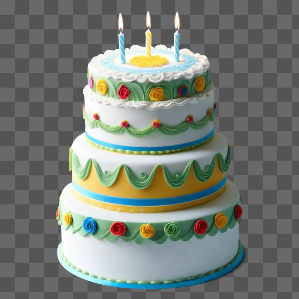 realistic 3-tiered birthday cake with candles