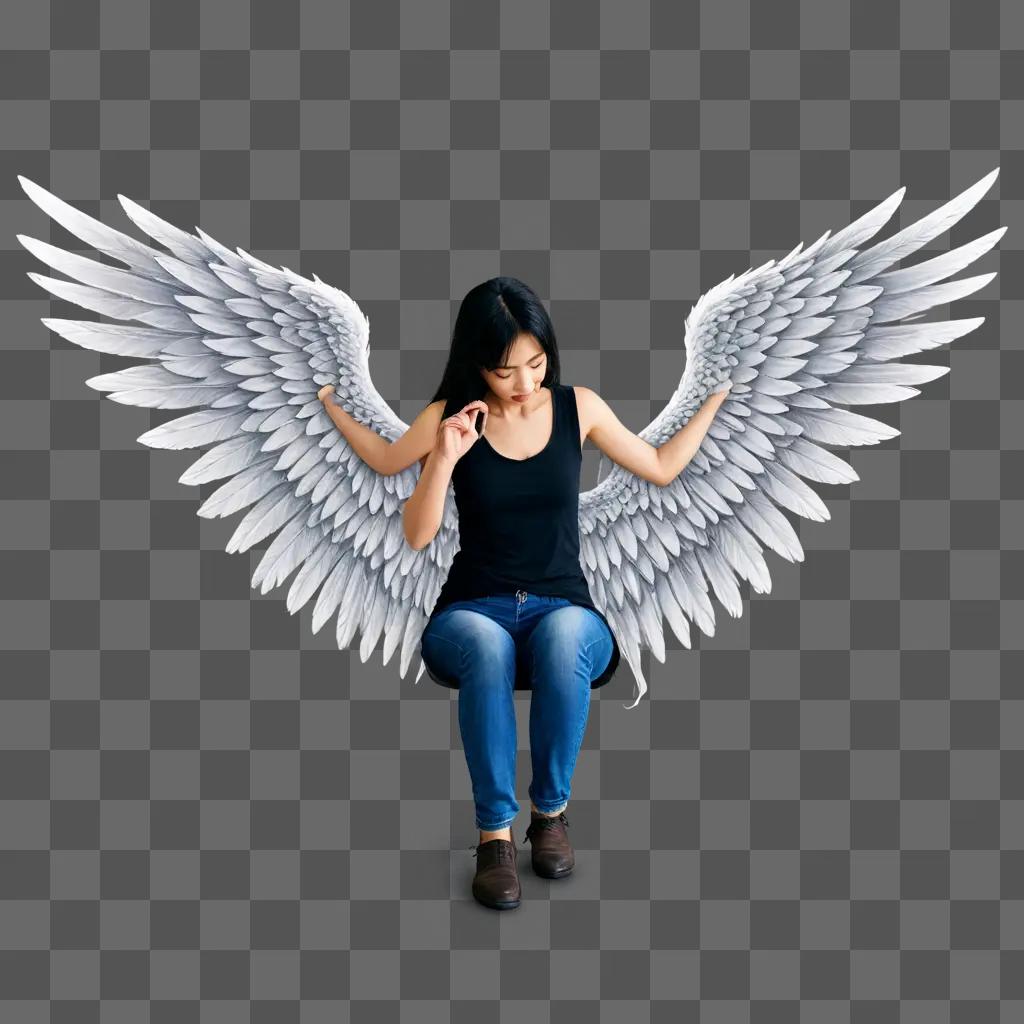 realistic angel wings drawing A woman sits with wings on a gray background