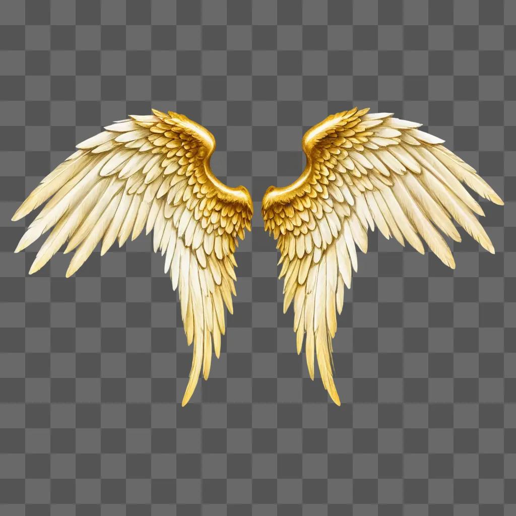 realistic angel wings drawing Two golden wings against a beige background