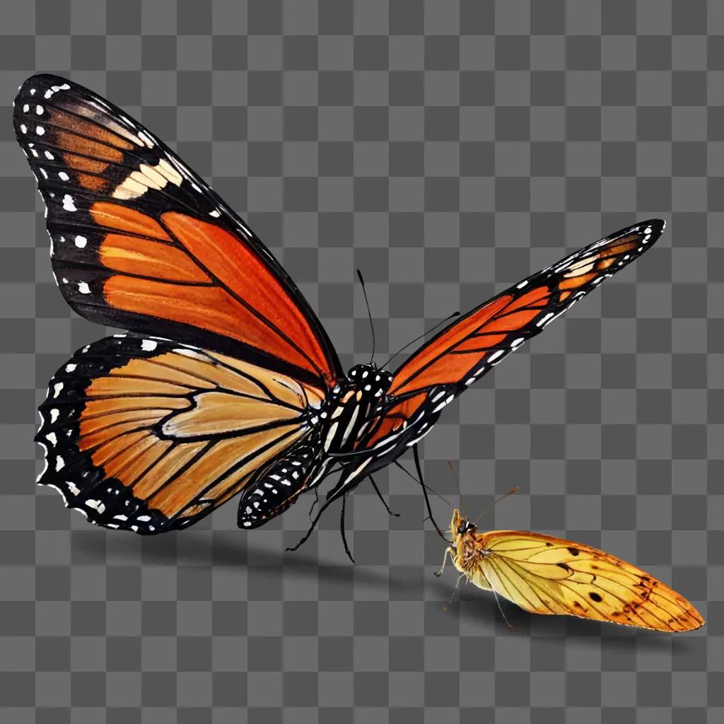 realistic butterfly drawing A Monarch butterfly sits on a brown surface with a butterfly on its back