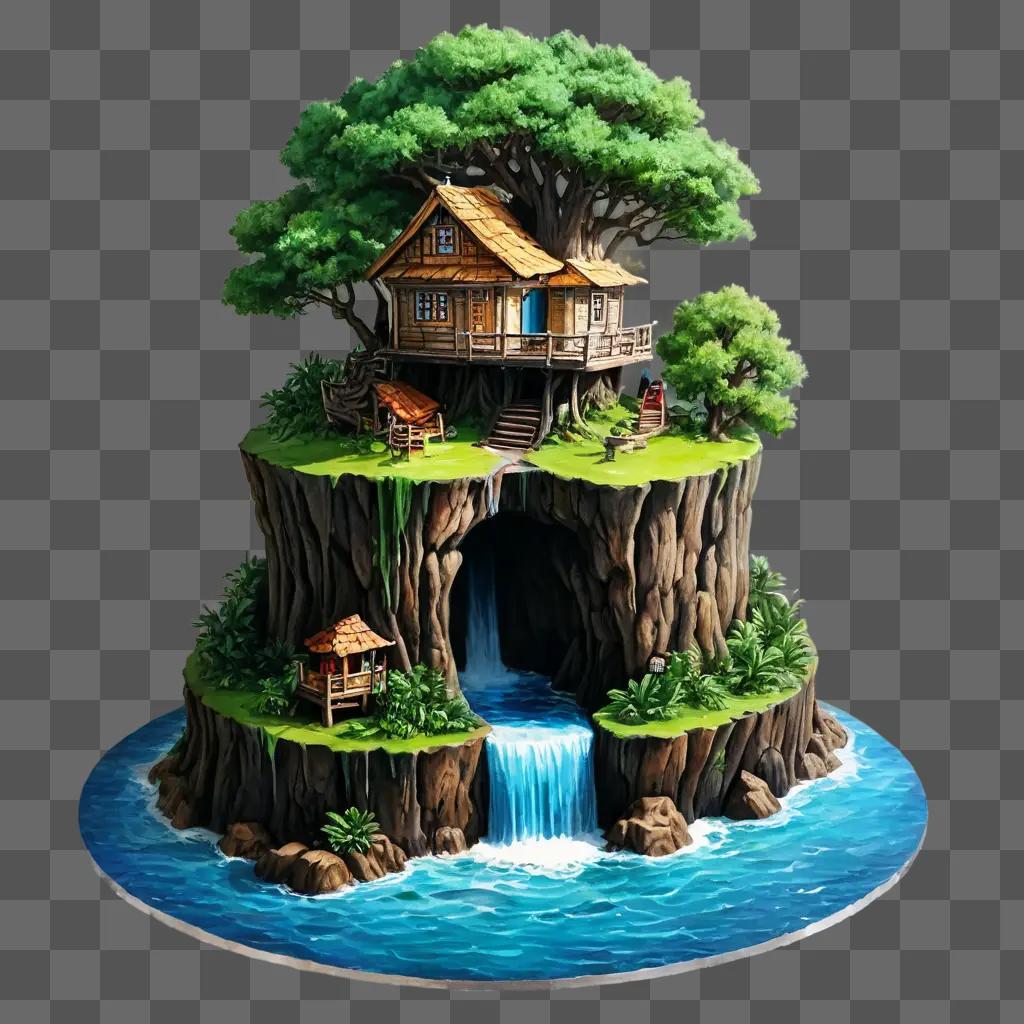 realistic cake drawing A 3D rendering of a tree house in the middle of a lake