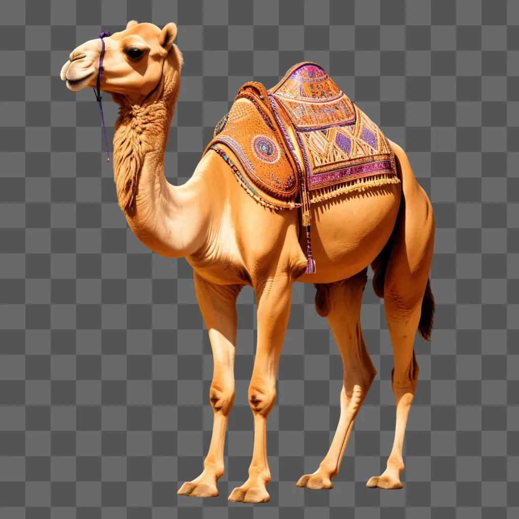 realistic camel with saddle and adornments in a beige background