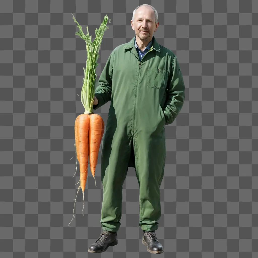 realistic carrot drawing Man in green jumpsuit holding carrots and holding up his hands