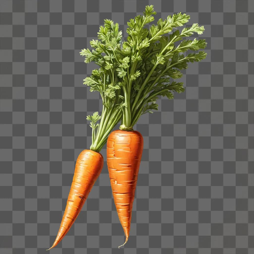 realistic carrot drawing Two carrots sit on a green background