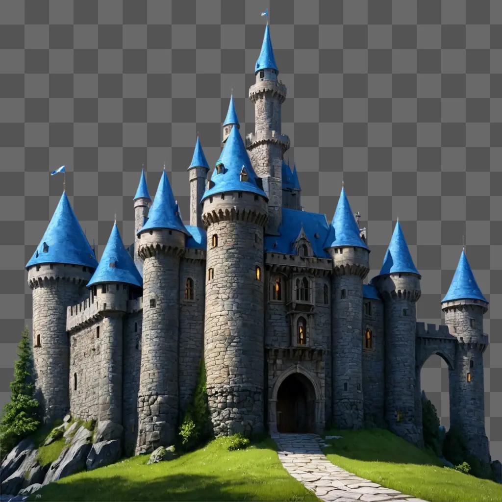 realistic castle drawing A castle with blue roofs and a green field