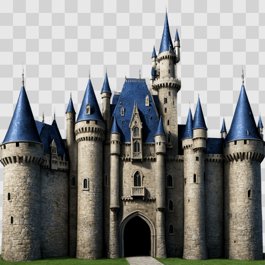 realistic castle drawing A castle with blue roofs and a large green lawn