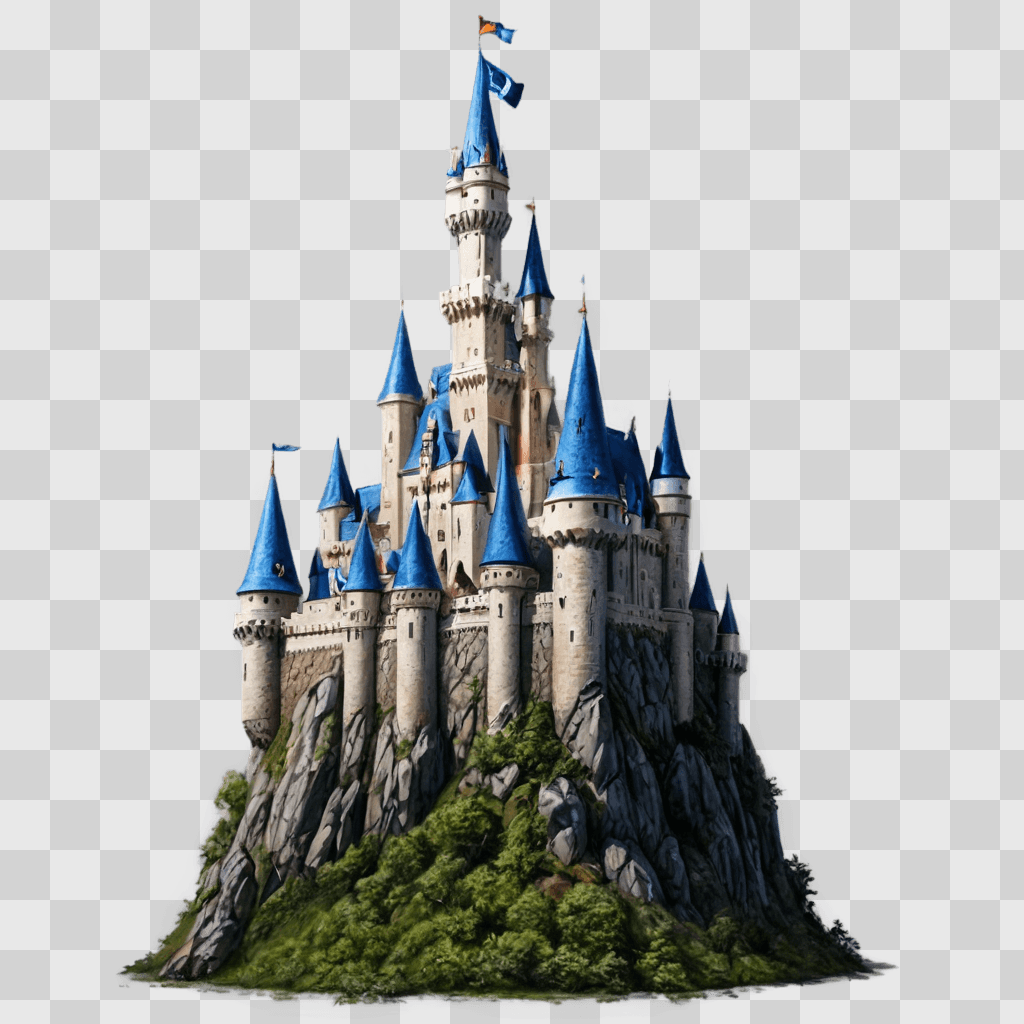 realistic castle drawing A castle with blue towers and a flag on top