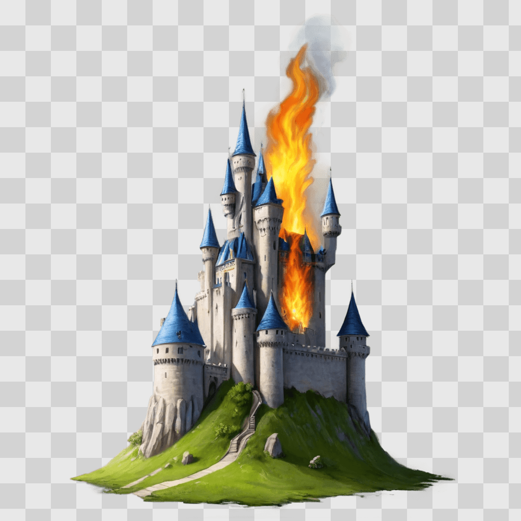 realistic castle drawing A fantasy castle with fire on its roof