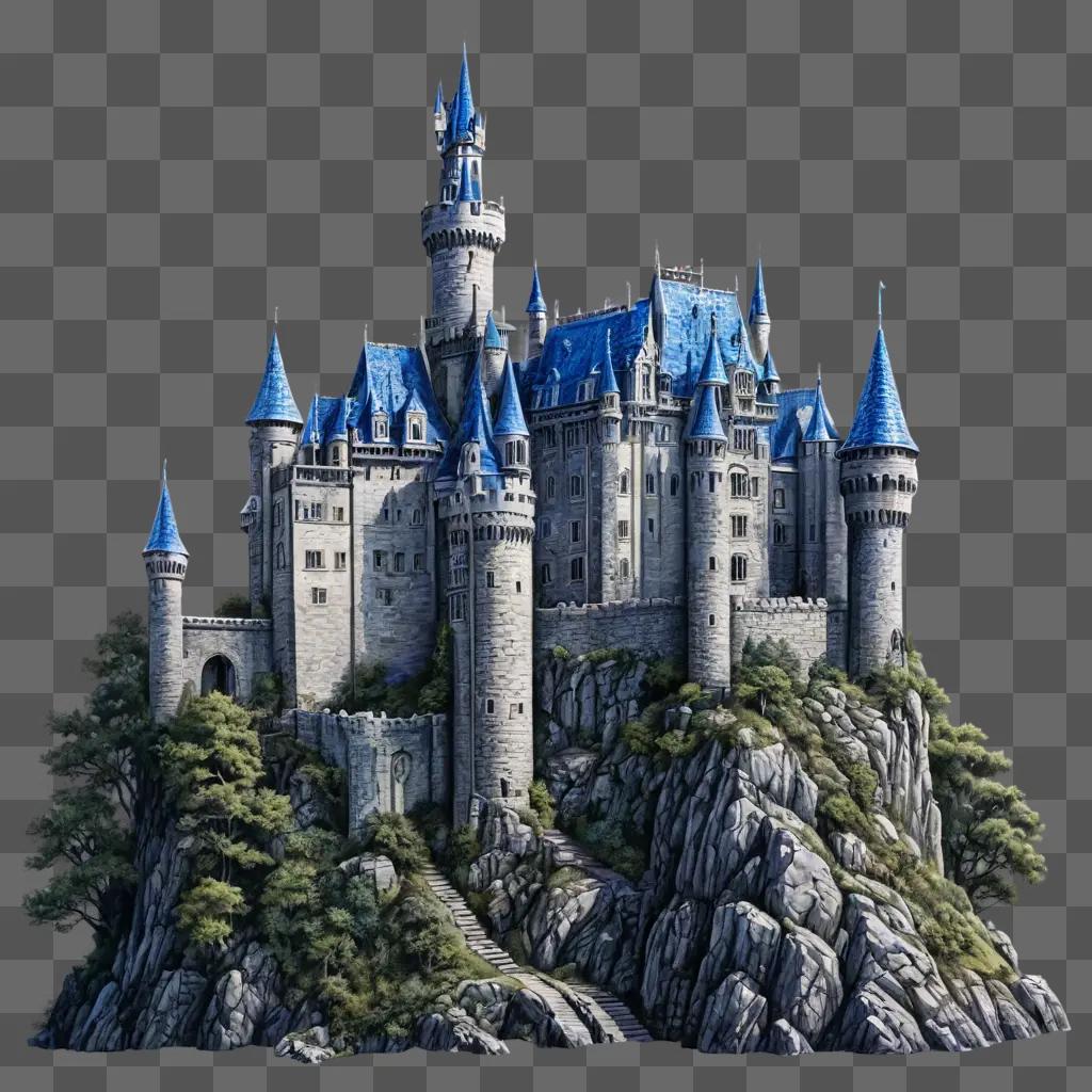 realistic castle drawing A large castle sits atop a rocky hill