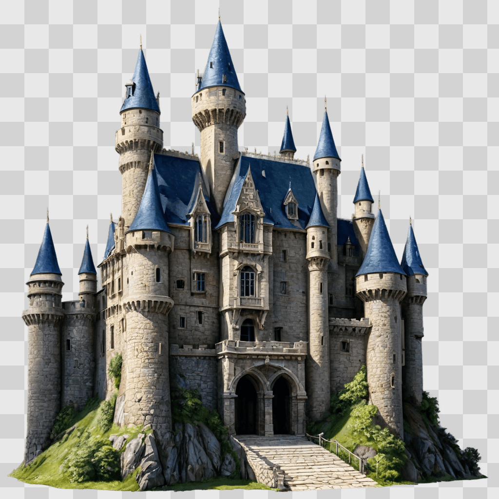 realistic castle drawing A large castle with blue roofs and turrets