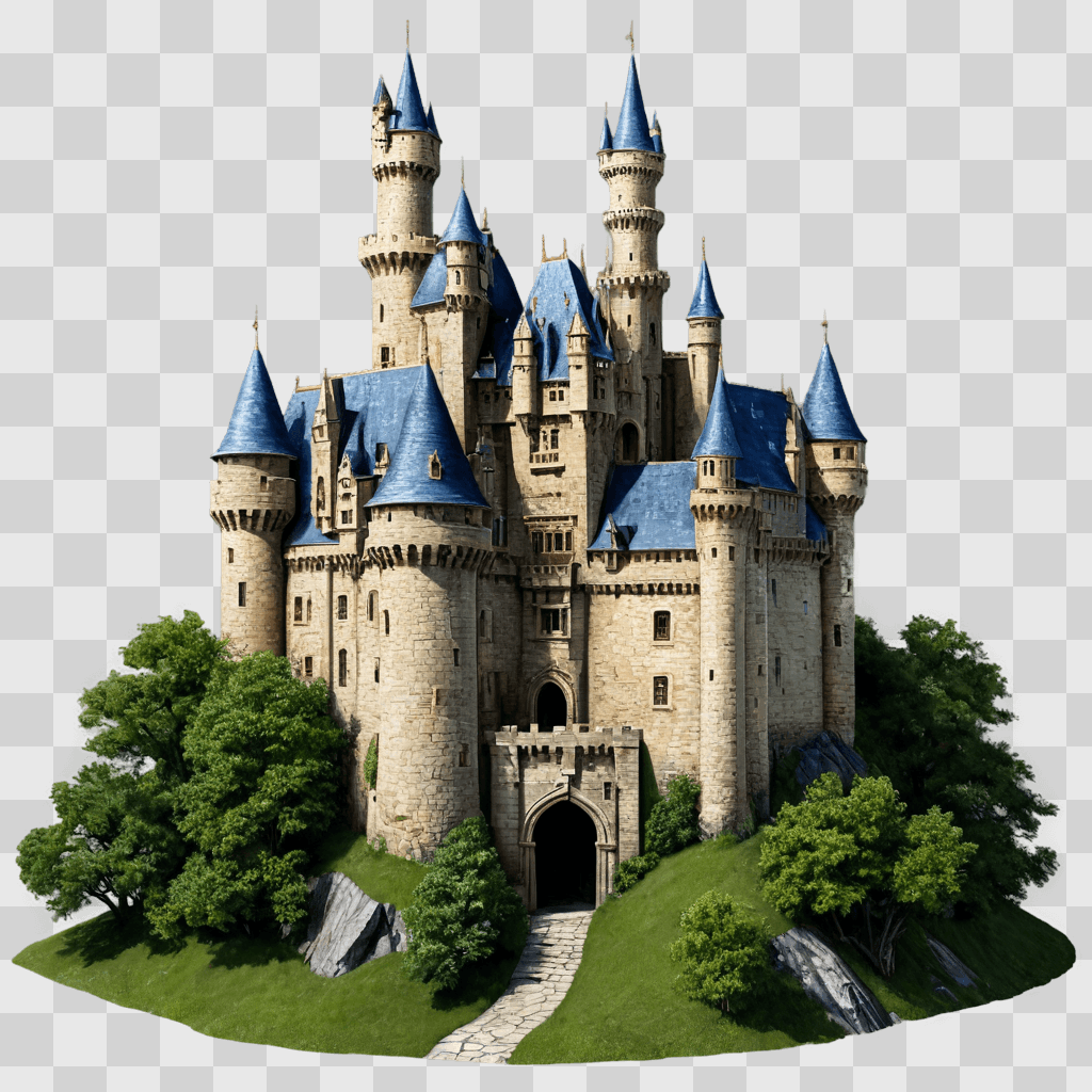 realistic castle drawing A stone castle with blue roofs and a green hill in the background