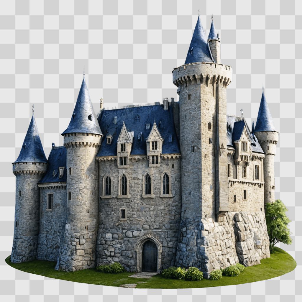 realistic castle drawing A stone castle with pointed roofs and towers