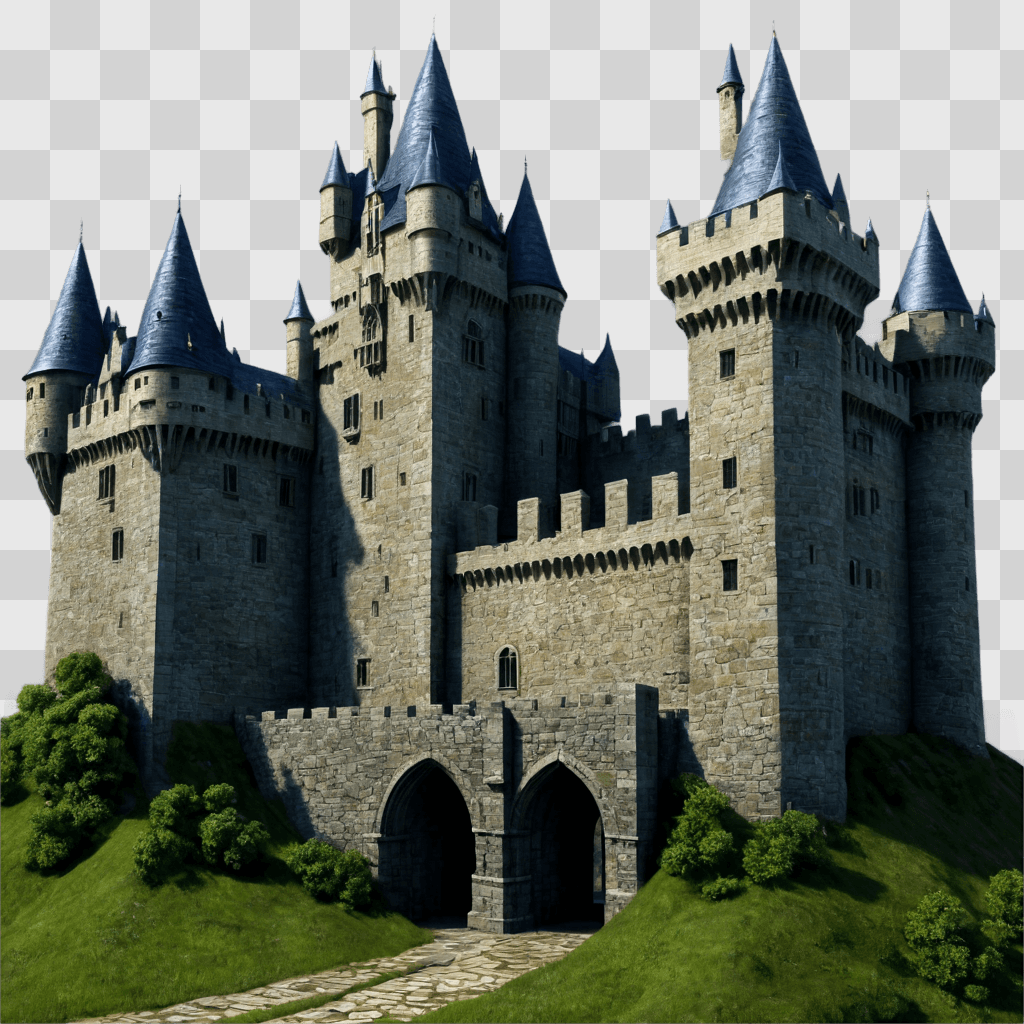 realistic castle drawing A stone castle with turrets and a bridge