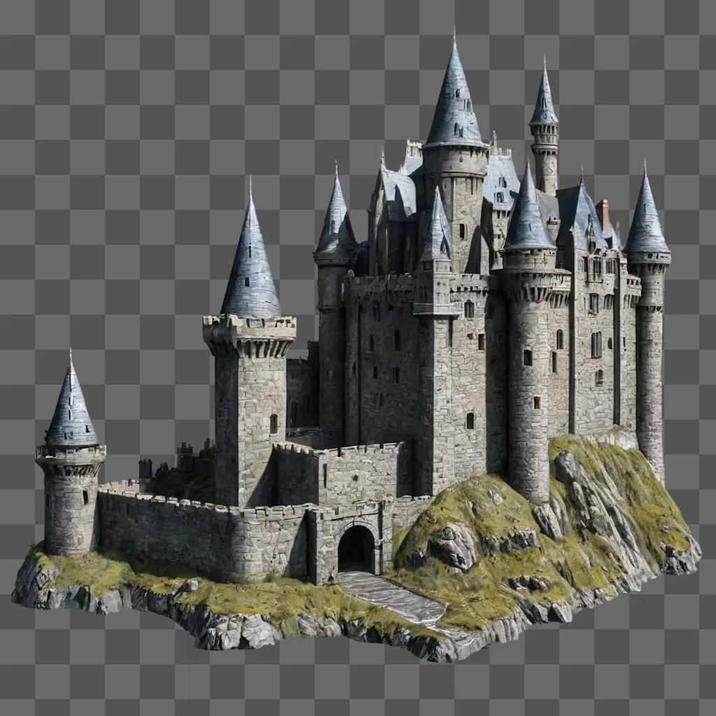 realistic castle drawing A stone castle with turrets and towers on a hill