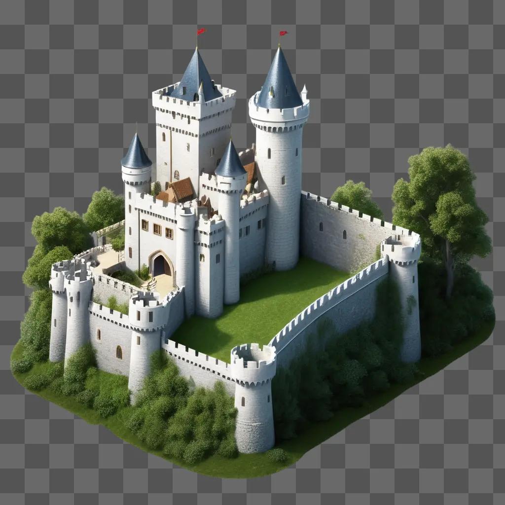 realistic castle drawing with a castle and green trees