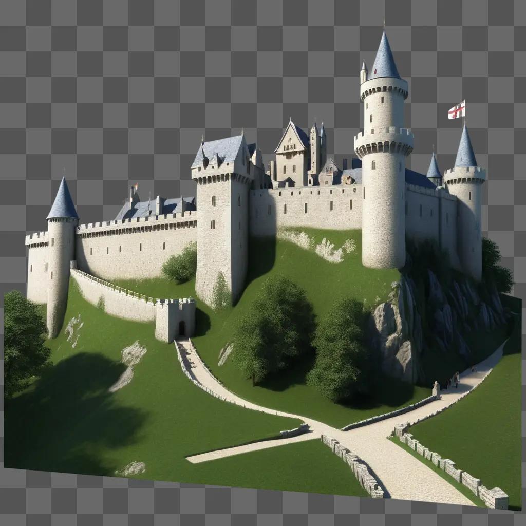 realistic castle drawing with a green grassy hill in the background