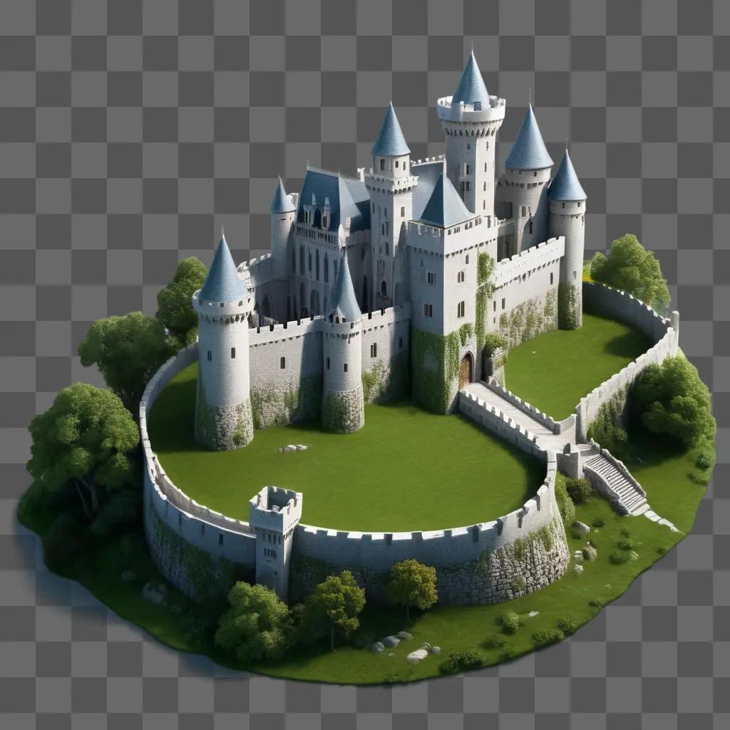 realistic castle drawing with a green grassy lawn