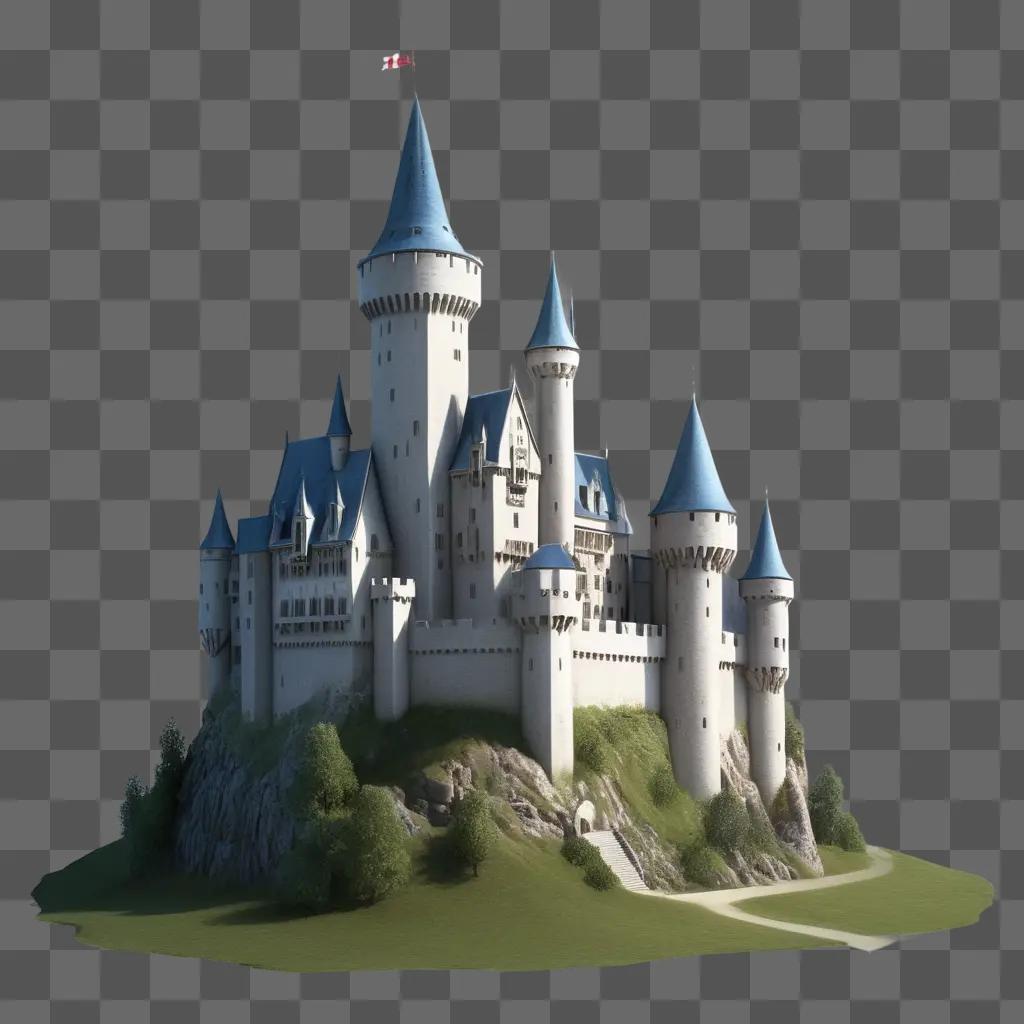 realistic castle drawing with a green hill in the background