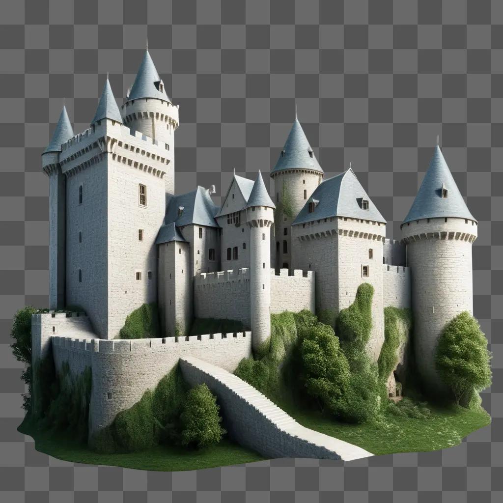 realistic castle drawing with a green hill in the background