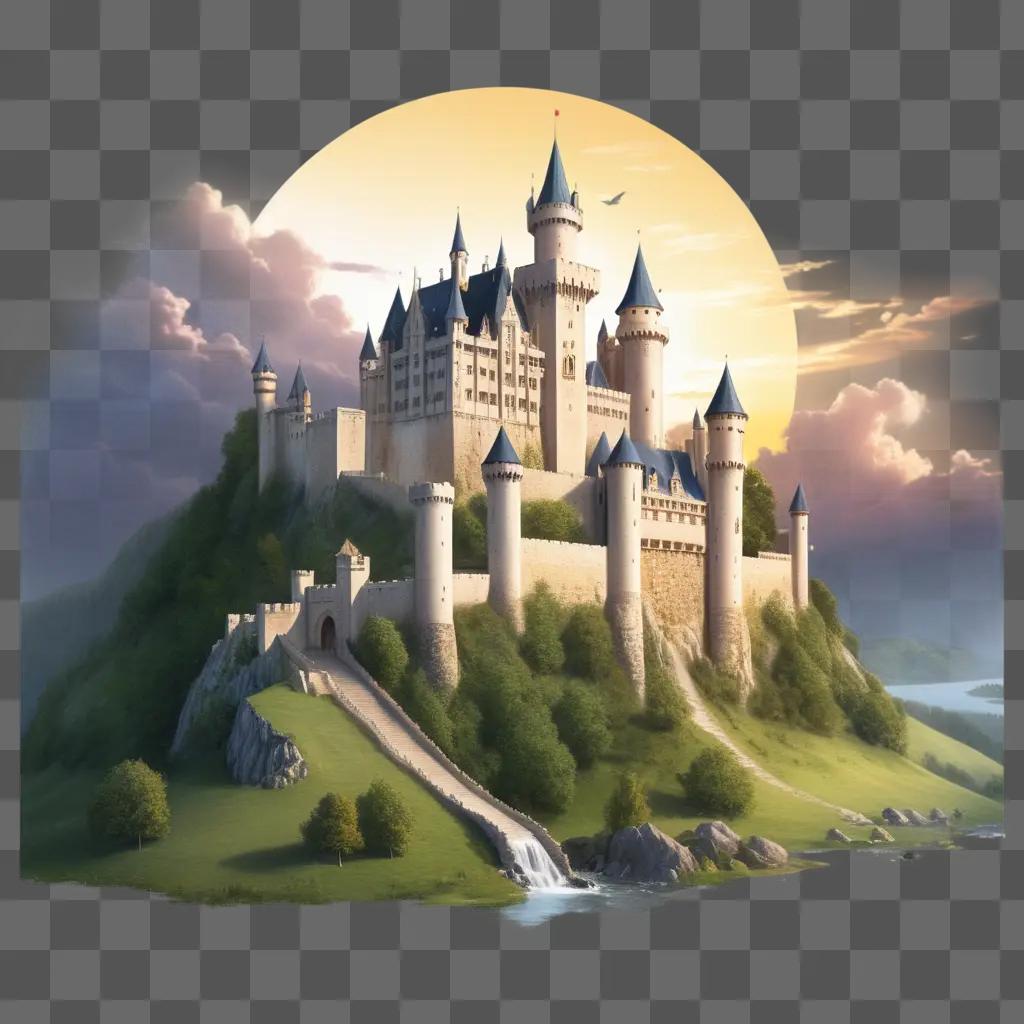 realistic castle drawing with a realistic sky in the background