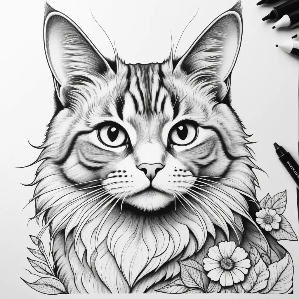 realistic cat coloring page with a detailed facial expression