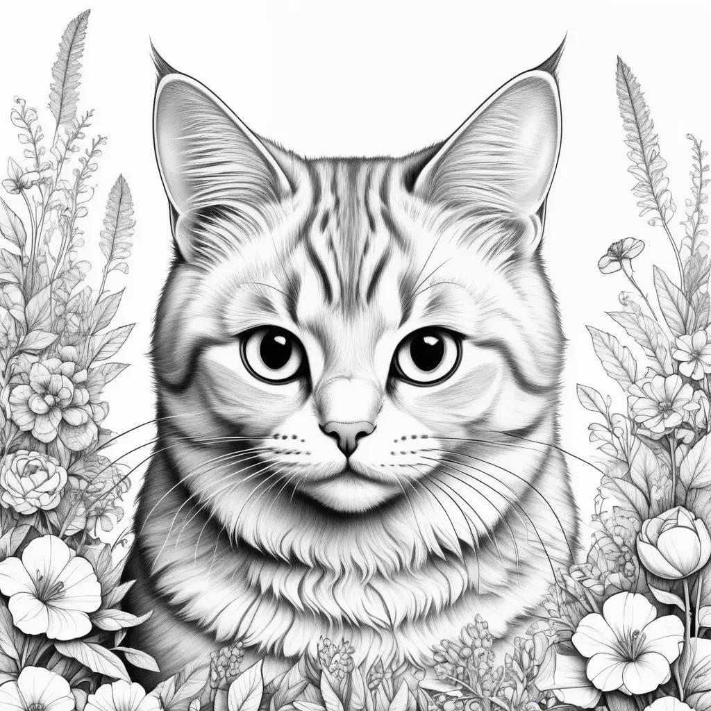 realistic cat coloring page with flowers in the background