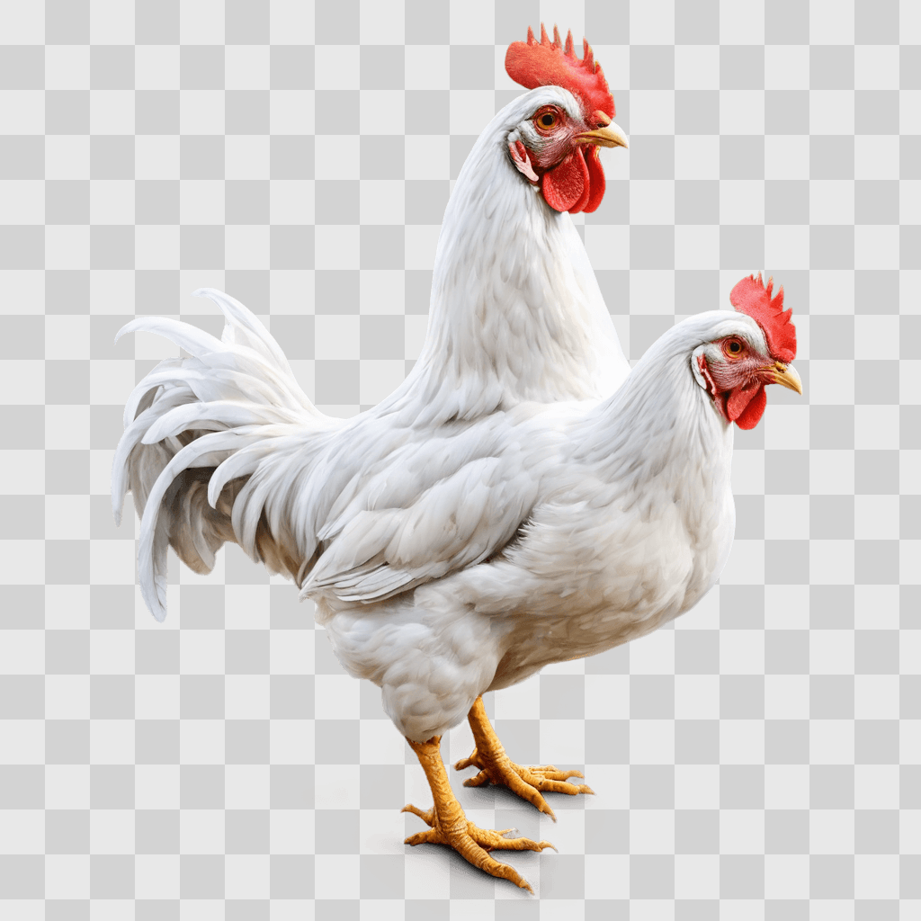 realistic chicken drawing Two white chickens with red crests stand on a beige background