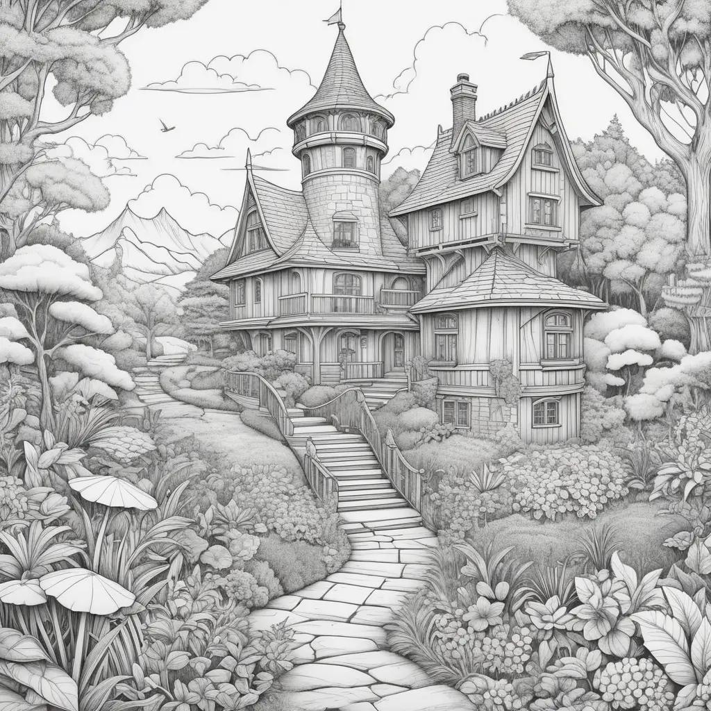 realistic coloring page of a big house with a tree and clouds in the sky