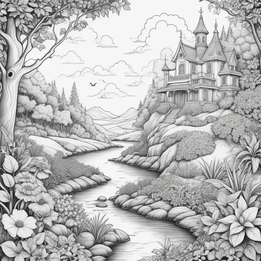 realistic coloring page of a tree and castle