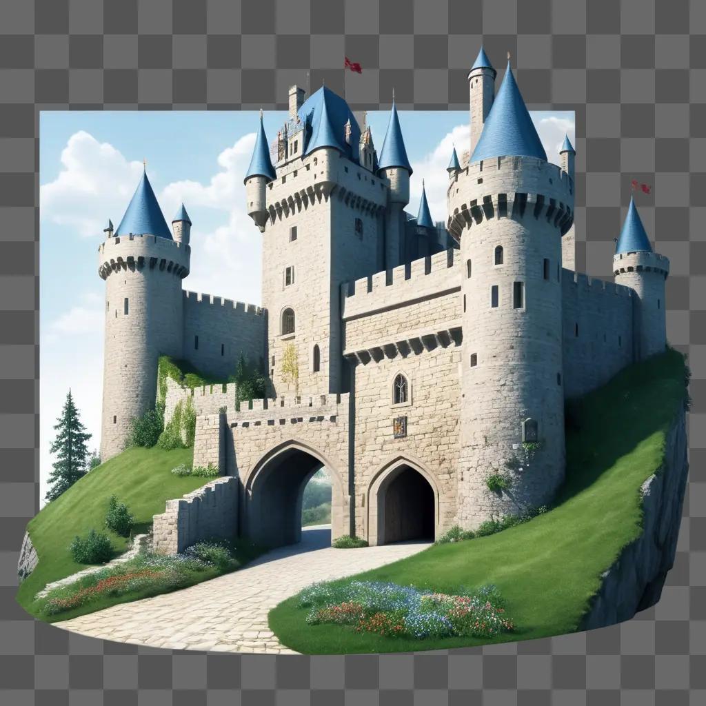 realistic drawing of a castle with a green lawn