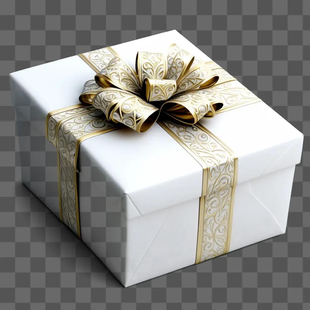 realistic drawing of a white gift box with a gold ribbon and bow