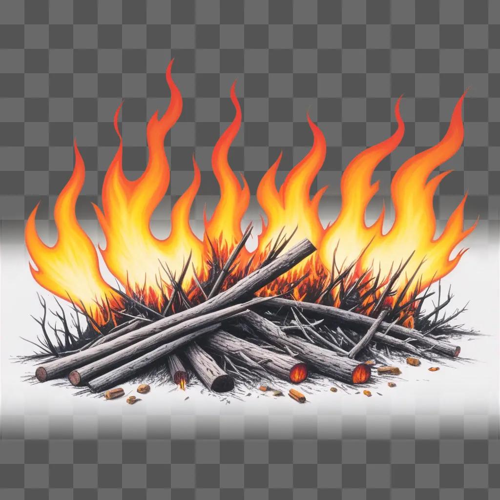 realistic fire drawing depicts a pile of sticks on fire