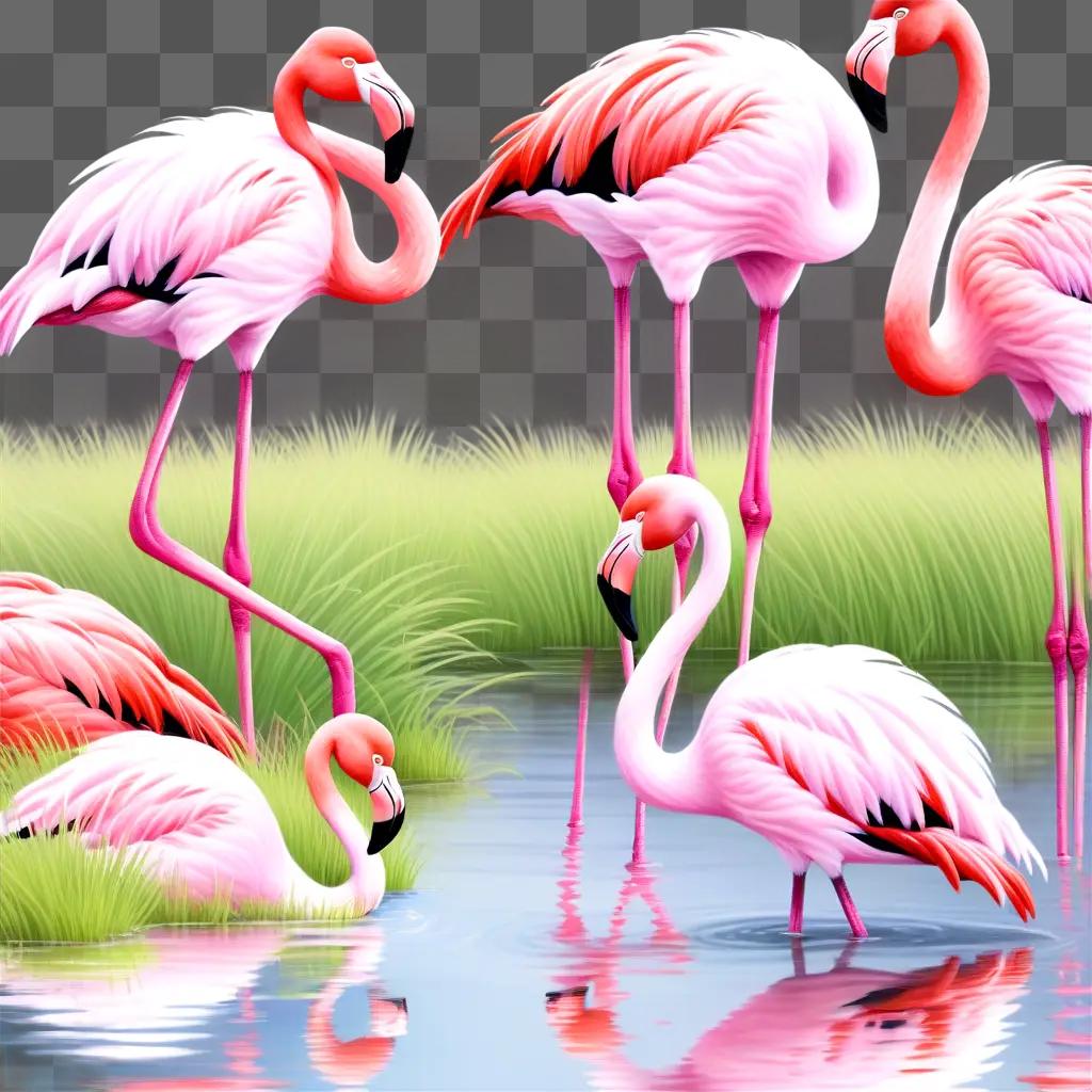 realistic flamingo drawing of six flamingos in a pond