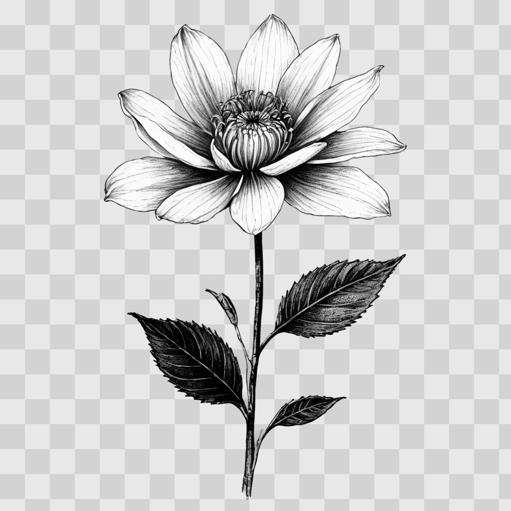 realistic flower drawing A black and white drawing of a flower with a leaf