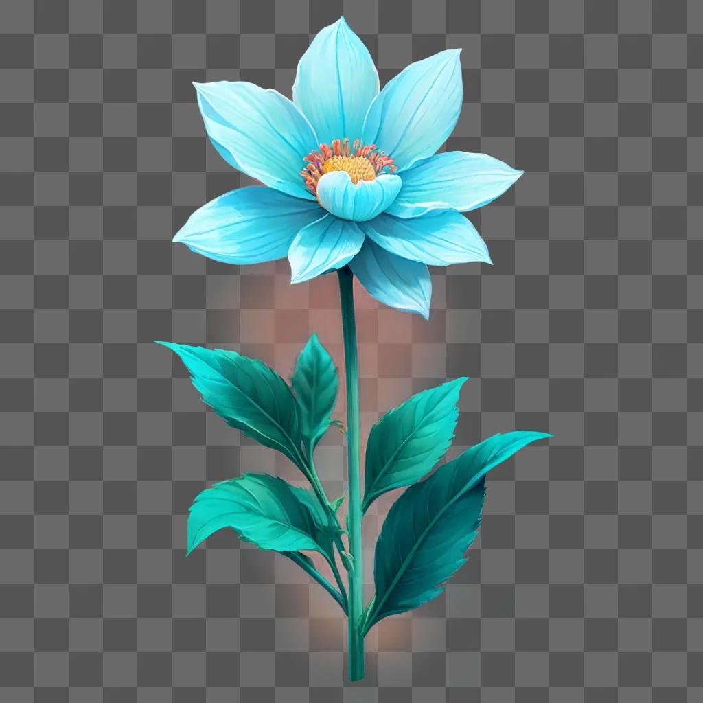 realistic flower drawing A blue flower with green leaves on a turquoise background