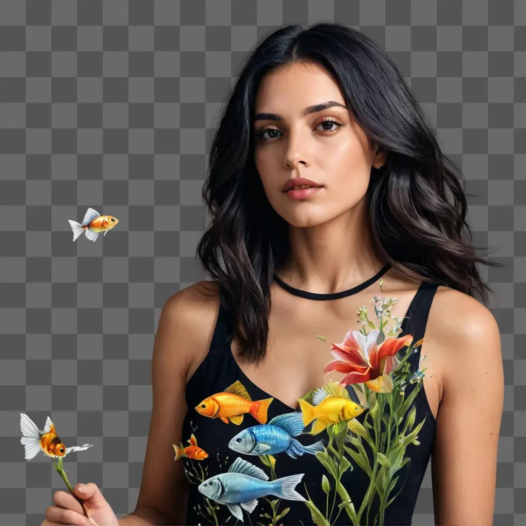 realistic flower drawing A girl wearing a black top with fish on it