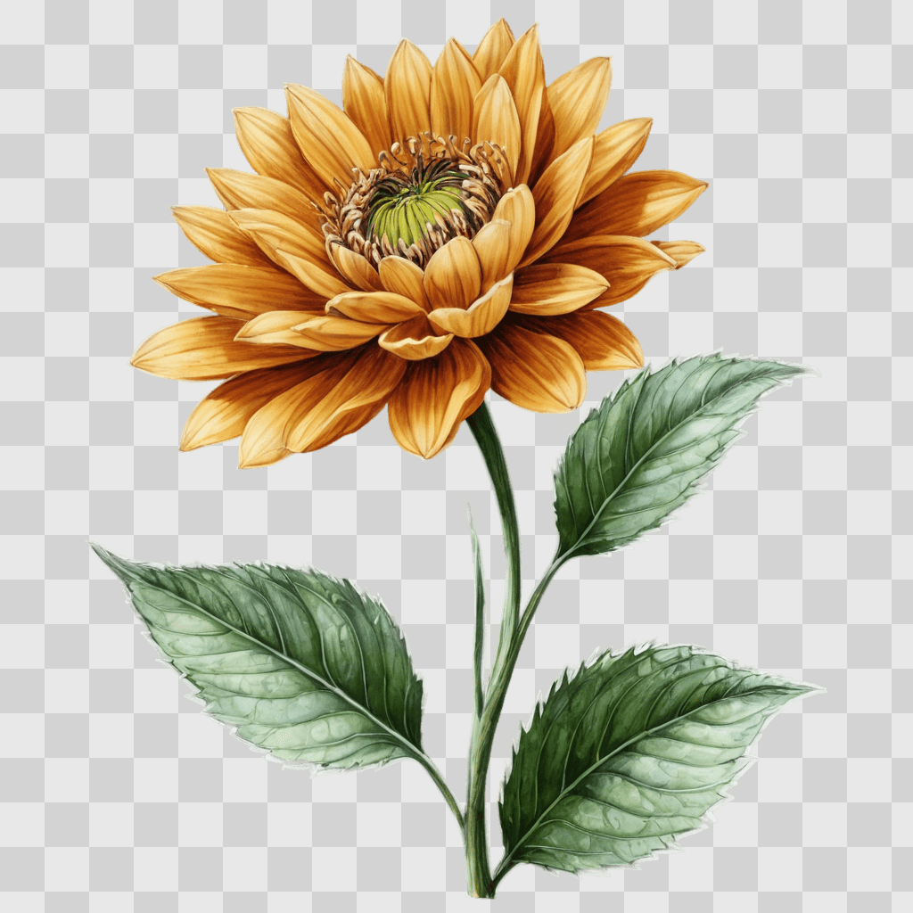 realistic flower drawing A golden flower with green leaves on a beige background