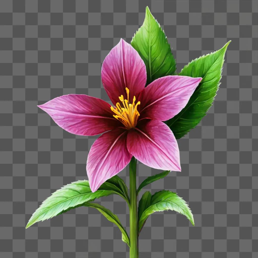 realistic flower drawing A pink flower with green leaves on a green background