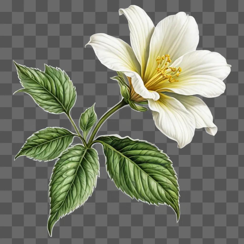 realistic flower drawing A white flower with green leaves and yellow center