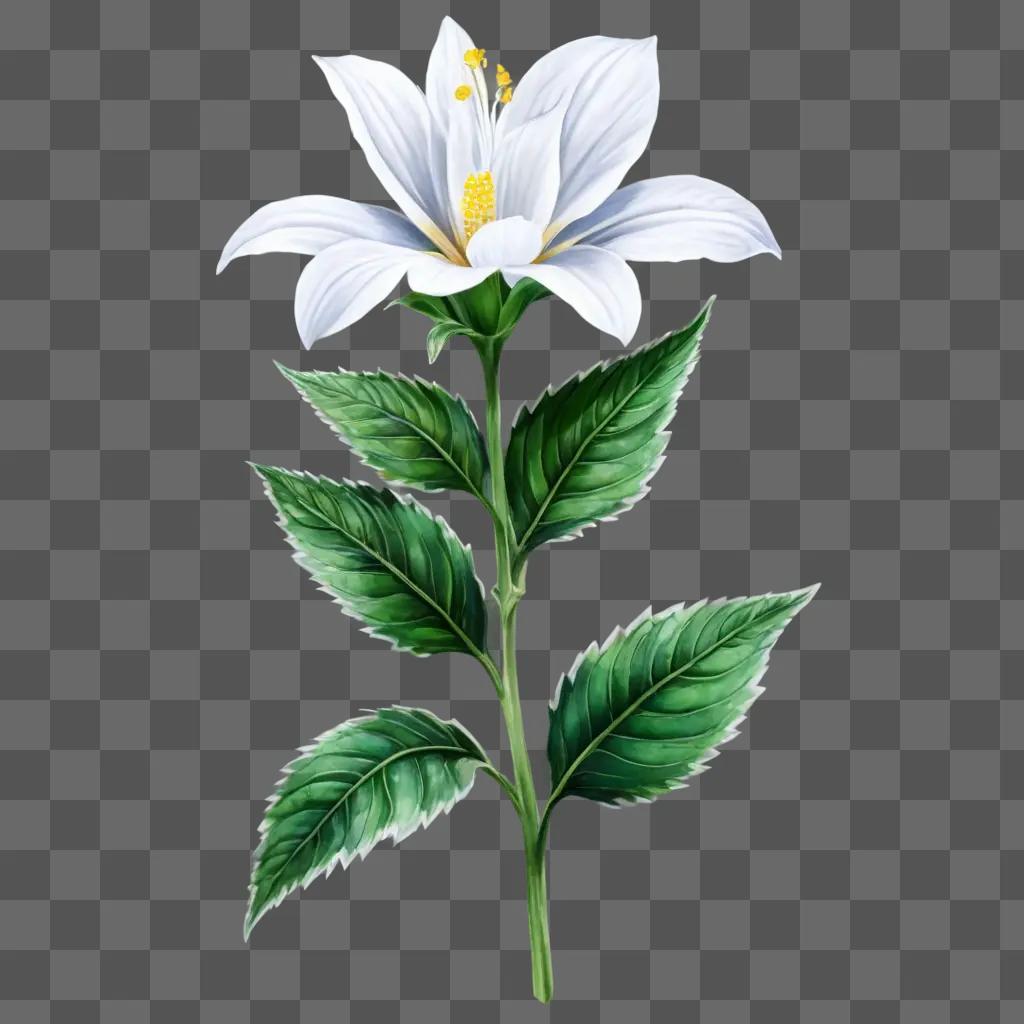 realistic flower drawing A white flower with green leaves on a green background