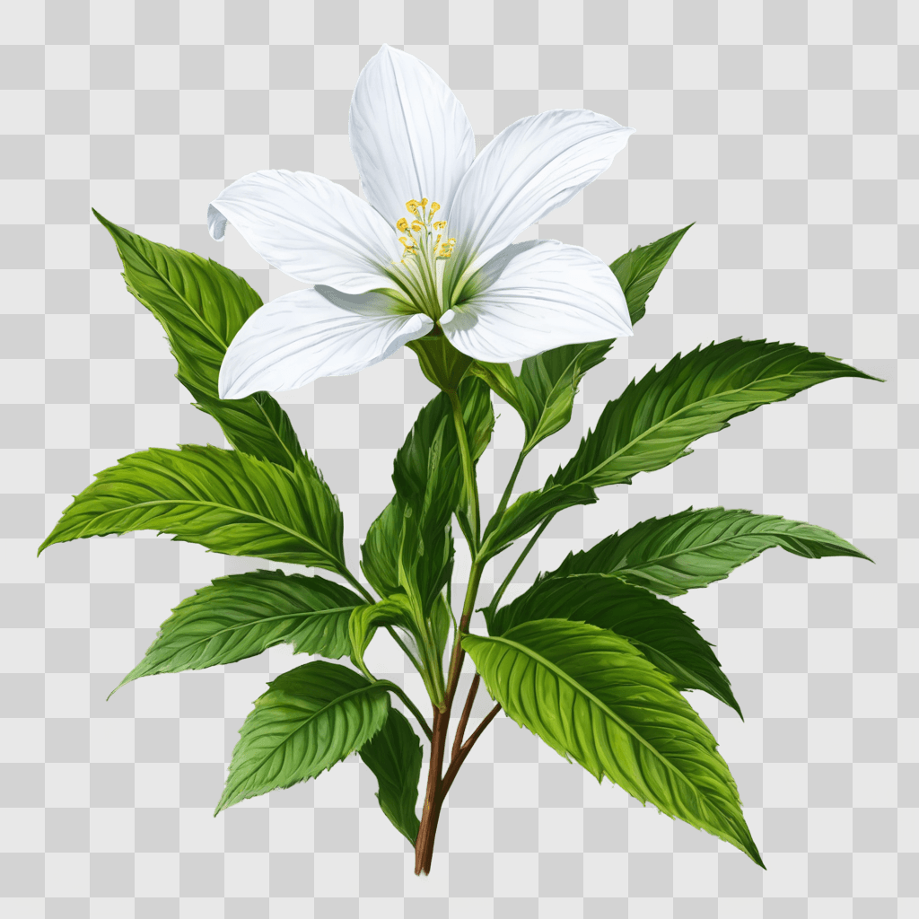 realistic flower drawing A white flower with green leaves on a green background