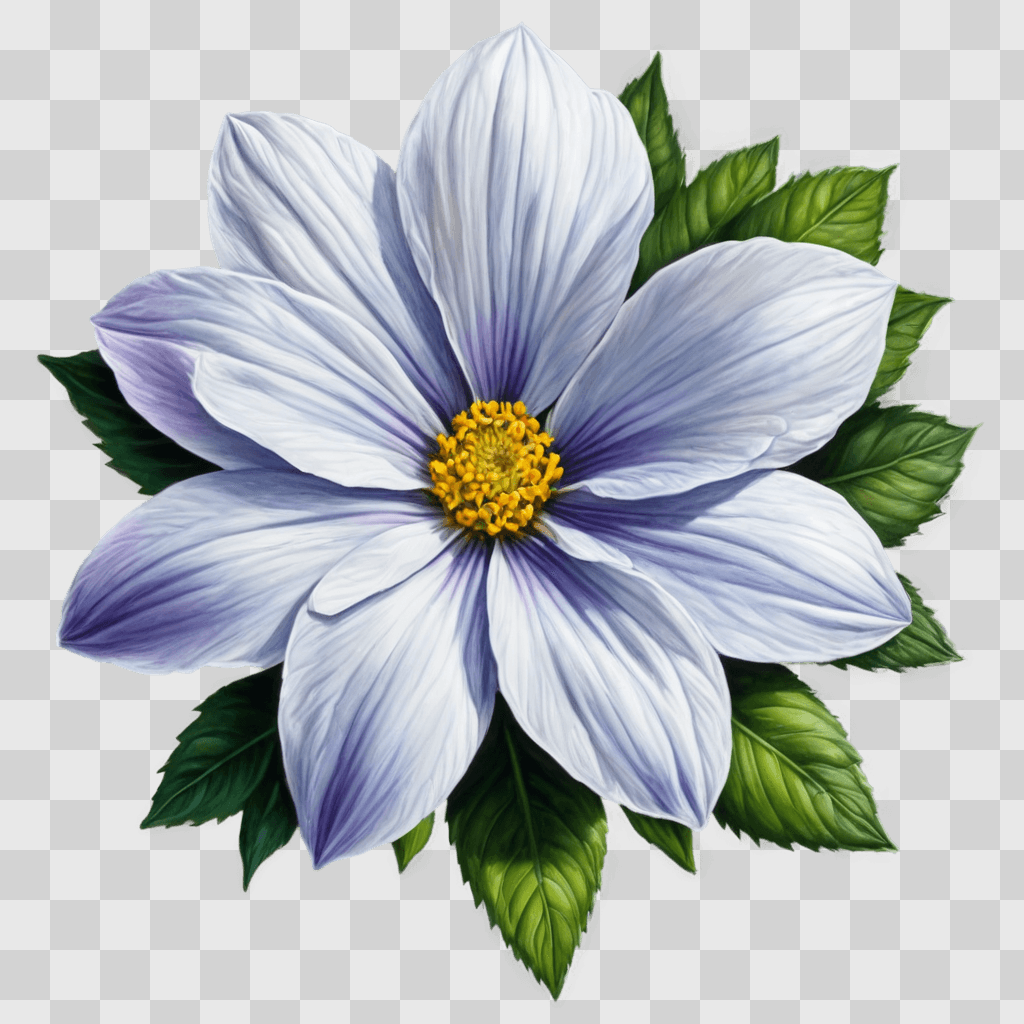 realistic flower drawing A white flower with purple center and green leaves