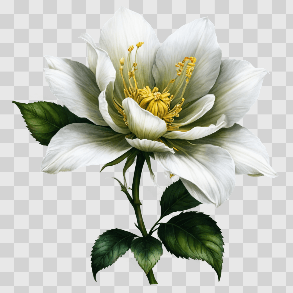 realistic flower drawing A white flower with yellow center and green leaves