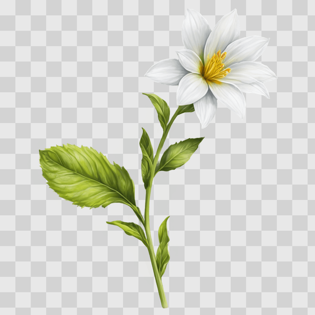 realistic flower drawing A white flower with yellow center on a green background