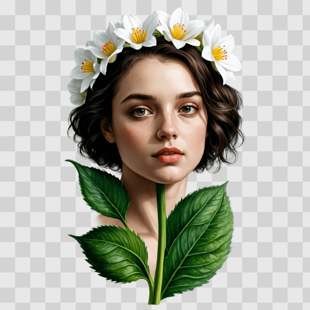 realistic flower drawing A woman with a white flower crown and green leaves on her head