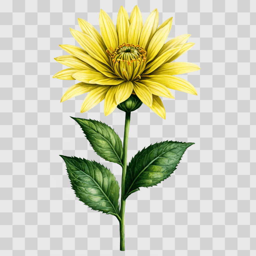 realistic flower drawing Yellow flower with leafy stem on green background