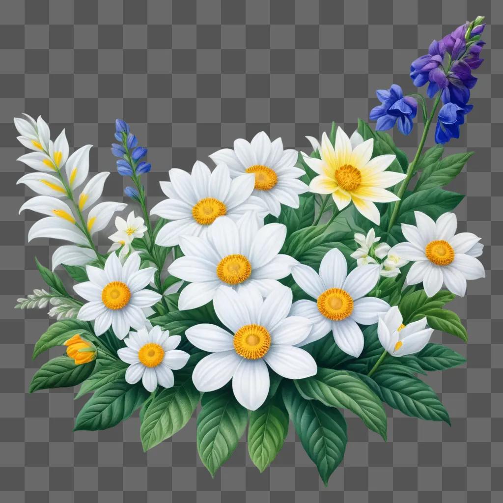 realistic flower drawing of white and yellow daisies