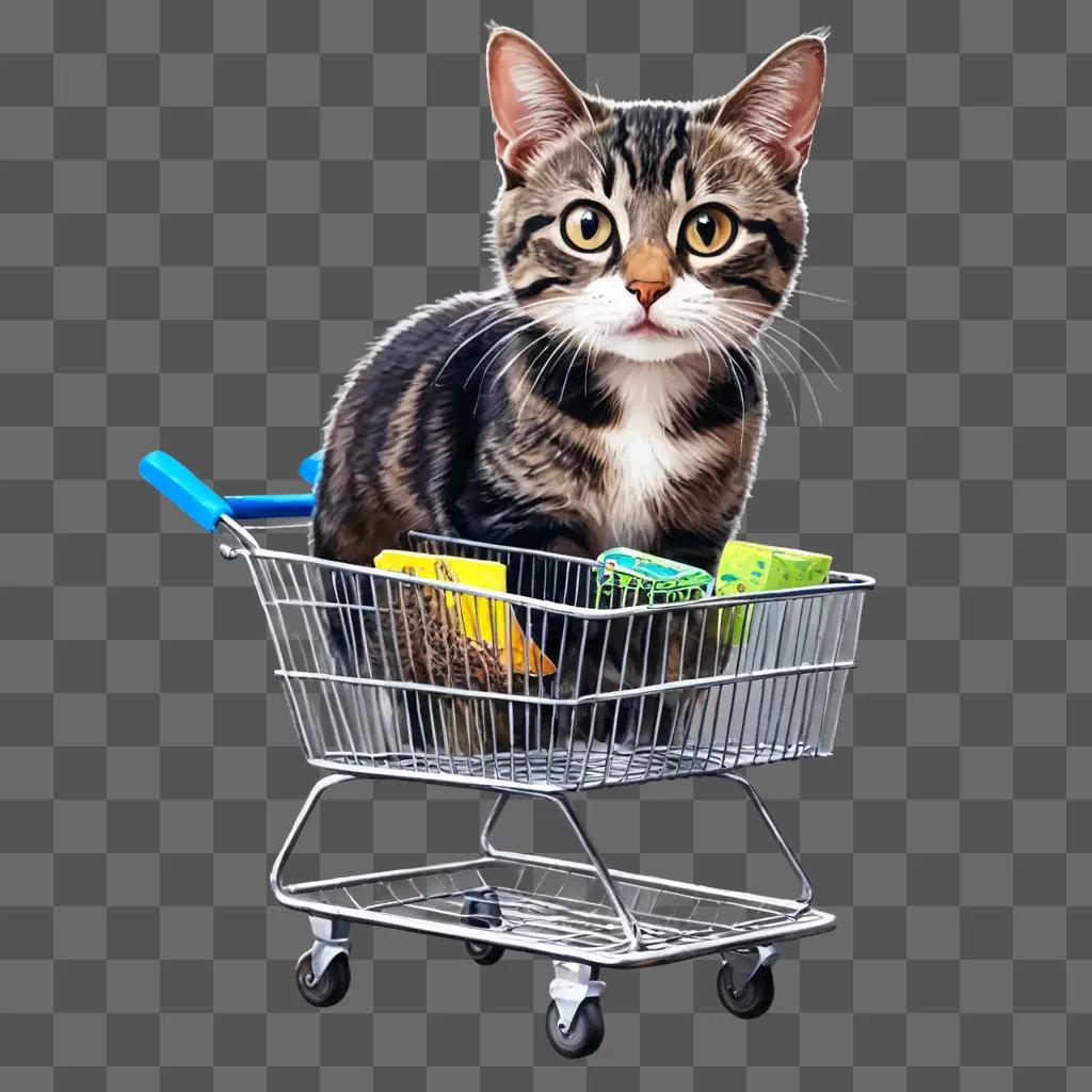 realistic gift drawing A cat sits in a shopping cart with toys